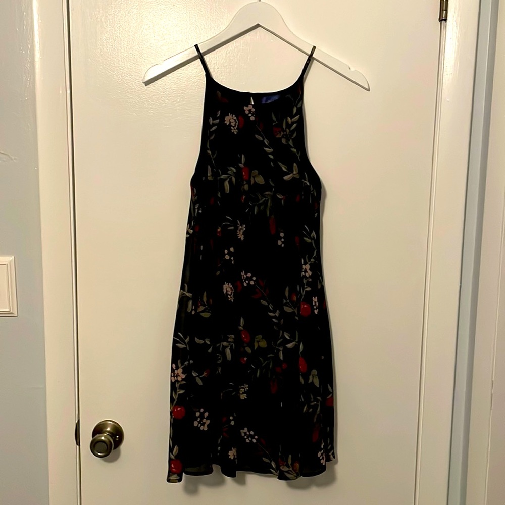 Blue Rain Spaghetti Strap Shift Dress in Black with Floral